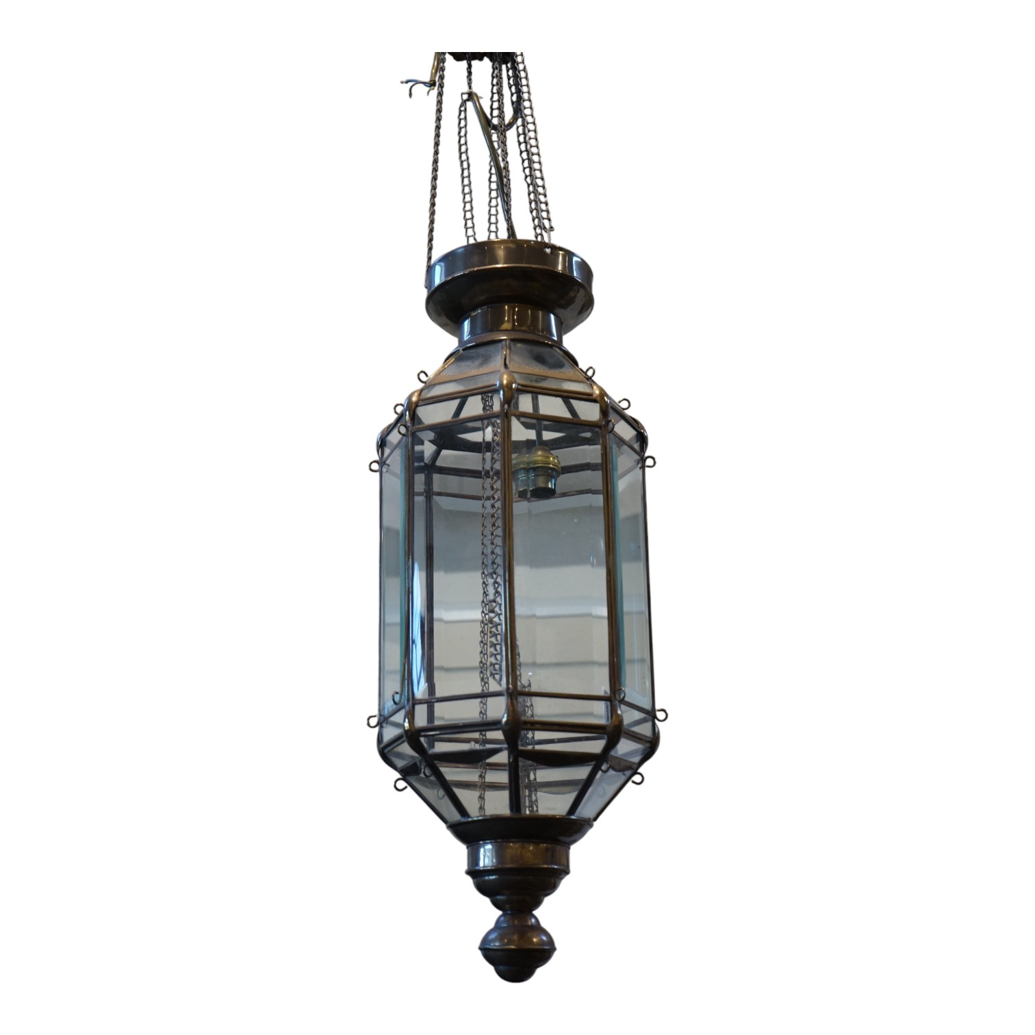 A Moroccan hanging brass and eight panelled glass lantern, 60cm long. Condition - good